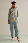 Buy_Kalista_Blue Viscose Slub Hand Painted Floral Spread Luna Print Shirt Tunic And Pant Set _Online_at_Aza_Fashions