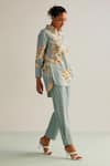 Shop_Kalista_Blue Viscose Slub Hand Painted Floral Spread Luna Print Shirt Tunic And Pant Set _Online_at_Aza_Fashions