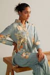 Kalista_Blue Viscose Slub Hand Painted Floral Spread Luna Print Shirt Tunic And Pant Set _at_Aza_Fashions