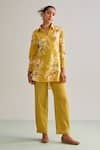 Buy_Kalista_Yellow Viscose Slub Hand Painted Floral Luna Flower Print Shirt Tunic And Pant Set _at_Aza_Fashions