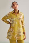 Shop_Kalista_Yellow Viscose Slub Hand Painted Floral Luna Flower Print Shirt Tunic And Pant Set _Online_at_Aza_Fashions