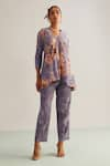 Kalista_Purple Viscose Slub Hand Painted Floral Ardita Print Shirt Tunic And Pant Set _Online_at_Aza_Fashions