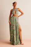 Buy_Kalista_Green Blouse Viscose Silk Printed Floral Halter Neck Elena Top And Skirt Set _at_Aza_Fashions