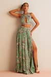 Kalista_Green Blouse Viscose Silk Printed Floral Halter Neck Elena Top And Skirt Set _Online_at_Aza_Fashions