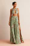 Buy_Kalista_Green Blouse Viscose Silk Printed Floral Halter Neck Elena Top And Skirt Set _Online_at_Aza_Fashions