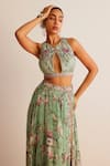 Kalista_Green Blouse Viscose Silk Printed Floral Halter Neck Elena Top And Skirt Set _at_Aza_Fashions