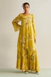 Buy_Kalista_Yellow Viscose Chinon Printed Floral Round Anaika Kurta And Sharara Set _at_Aza_Fashions