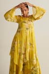 Kalista_Yellow Viscose Chinon Printed Floral Round Anaika Kurta And Sharara Set _Online_at_Aza_Fashions