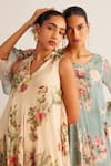 Kalista_Ivory Viscose Chinon Printed Floral V Neck Amayah Kurta And Sharara Set _at_Aza_Fashions