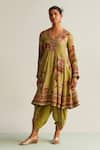 Buy_Kalista_Green Cotton Silk Printed Botanical Leaf Neck Ruhi Anarkali And Dhoti Pant Set _at_Aza_Fashions