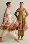 Kalista_Green Cotton Silk Printed Botanical Leaf Neck Ruhi Anarkali And Dhoti Pant Set _at_Aza_Fashions