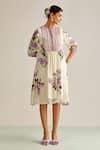 Kalista_Off White Cotton Silk Printed Floral Motifs Round Amie Flared Dress _Online_at_Aza_Fashions