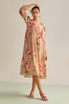 Kalista_Beige Cotton Silk Printed Floral Motifs Band Collar Evaa Dress _Online_at_Aza_Fashions