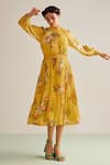 Buy_Kalista_Yellow Viscose Chinon Printed Floral High Neck Ciara Flared Dress _at_Aza_Fashions