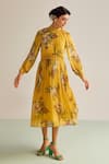 Kalista_Yellow Viscose Chinon Printed Floral High Neck Ciara Flared Dress _Online_at_Aza_Fashions