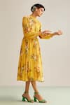 Kalista_Yellow Viscose Chinon Printed Floral High Neck Ciara Flared Dress _at_Aza_Fashions