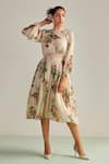 Buy_Kalista_Off White Viscose Chinon Printed Floral High Neck Ciara Pattern Flared Dress _at_Aza_Fashions