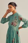 Buy_Kalista_Blue Viscose Chinon Printed Floral Motifs Band Collar Inara Dress _Online_at_Aza_Fashions