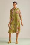 Buy_Kalista_Green Viscose Chinon Printed Floral Motifs Collared Neck Sophie Dress _at_Aza_Fashions