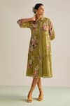 Kalista_Green Viscose Chinon Printed Floral Motifs Collared Neck Sophie Dress _Online_at_Aza_Fashions