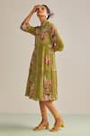 Buy_Kalista_Green Viscose Chinon Printed Floral Motifs Collared Neck Sophie Dress _Online_at_Aza_Fashions