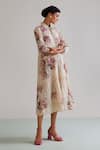 Kalista_Off White Viscose Chinon Printed Floral Motifs Collared Sophie Pattern Dress _Online_at_Aza_Fashions