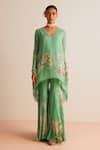 Buy_Kalista_Green Viscose Chinon Print Floral V Neck Faiza Tunic With Pant _at_Aza_Fashions