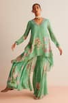 Kalista_Green Viscose Chinon Print Floral V Neck Faiza Tunic With Pant _Online_at_Aza_Fashions