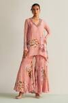 Buy_Kalista_Pink Viscose Chinon Print Floral V Neck Faiza Bloom Tunic With Gharara _at_Aza_Fashions