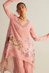 Shop_Kalista_Pink Viscose Chinon Print Floral V Neck Faiza Bloom Tunic With Gharara _Online_at_Aza_Fashions