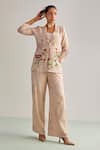 Kalista_Peach Viscose Rayon Print Floral Lapel Collar Shayna Flower Blazer And Pant Set _Online_at_Aza_Fashions