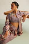 Buy_Kalista_Purple Natural Crepe Print Floral Round Neck Aleia Jacket And Palazzo Set _Online_at_Aza_Fashions