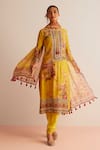 Kalista_Yellow Cotton, Silk Tassels, Mirrors Round Neck Floral Print Kurta Set _Online_at_Aza_Fashions