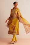 Kalista_Yellow Cotton, Silk Tassels, Mirrors Round Neck Floral Print Kurta Set _at_Aza_Fashions