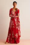 Buy_Kalista_Red Viscose Georgette Print Floral V Neck Kamya Angrakha Anarkali With Pant _at_Aza_Fashions