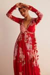 Kalista_Red Viscose Georgette Print Floral V Neck Kamya Angrakha Anarkali With Pant _Online_at_Aza_Fashions