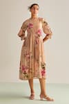 Buy_Kalista_Beige Cotton Silk Printed Floral Motifs Band Collar Evaa Dress _at_Aza_Fashions