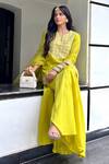 Shop_Charu Makkar_Yellow Chanderi Silk, Dupatta Organza Floral Embroidered Kurta Sharara Set 