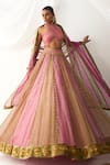 Buy_Itrh_Pink Tissue Embellished Ghunghroos Colorblock Lehenga Set With Neck Blouse 