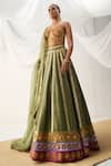 Buy_Itrh_Green , Chanderi Gota Patti, Embroidery Striped Lehenga And Corset Set _at_Aza_Fashions