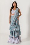 Buy_Pasha India_Grey Cotton Rayon Printed Floral V Pre-draped Ruffle Saree With Blouse _at_Aza_Fashions