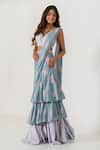 Shop_Pasha India_Grey Cotton Rayon Printed Floral V Pre-draped Ruffle Saree With Blouse _at_Aza_Fashions