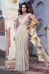 Buy_Seeaash_Ivory Lycra Embroidery Crystal Deep V Pre-draped Saree With Blouse _at_Aza_Fashions