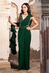 Buy_Seeaash_Emerald Green Lycra Embroidery Ruffle Pre-draped Saree With Blouse _at_Aza_Fashions