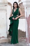 Seeaash_Emerald Green Lycra Embroidery Ruffle Pre-draped Saree With Blouse _Online_at_Aza_Fashions