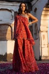 Buy_Seeaash_Red Dola Silk Printed Leaf Asymmetric Feather Kurta And Sharara Set _at_Aza_Fashions