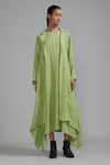 Shop_MATI_Green Pure Linen Plain Notched Lapel Trench Koza Asymmetric Jacket _at_Aza_Fashions