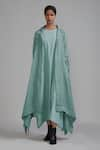 Buy_MATI_Blue Pure Linen Plain Notched Lapel Trench Koza Asymmetric Jacket _at_Aza_Fashions