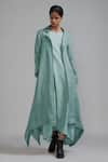 MATI_Blue Pure Linen Plain Notched Lapel Trench Koza Asymmetric Jacket _Online_at_Aza_Fashions