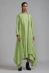 Shop_MATI_Green Pure Linen Plain Dress Boat Vari Aakaar And Trench Jacket Set _at_Aza_Fashions